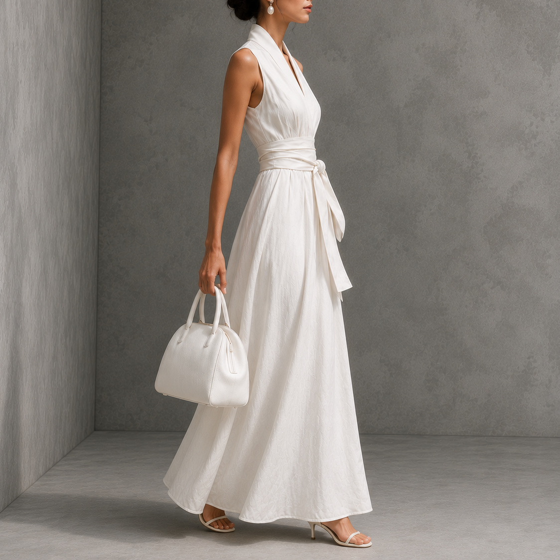 Elegant Solid Color V-neck Sleeveless Off-shoulder Fitted Waist Tie Maxi Dress
