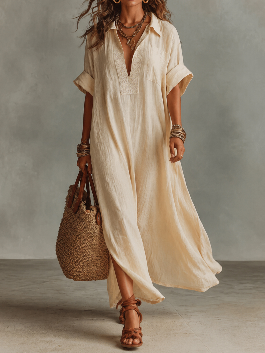 Retro Minimalist Style Loose Solid Color Short-sleeved Shirt Maxi Dress
