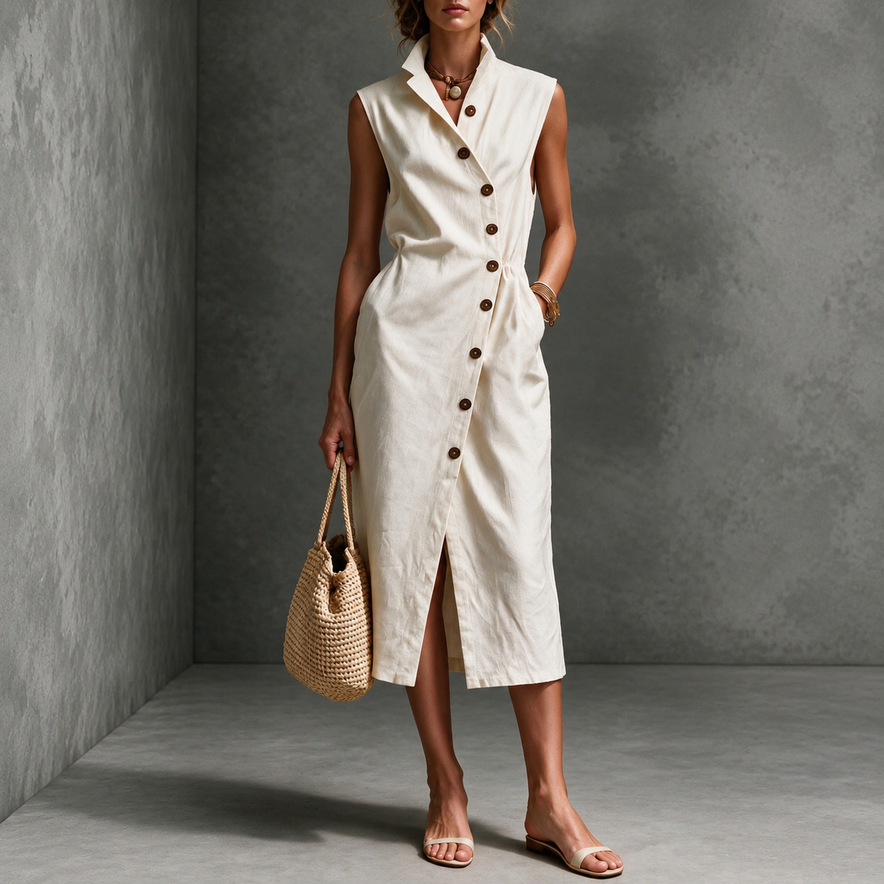 Vacation Sleeveless Lapel Asymmetric Button Midi Dress