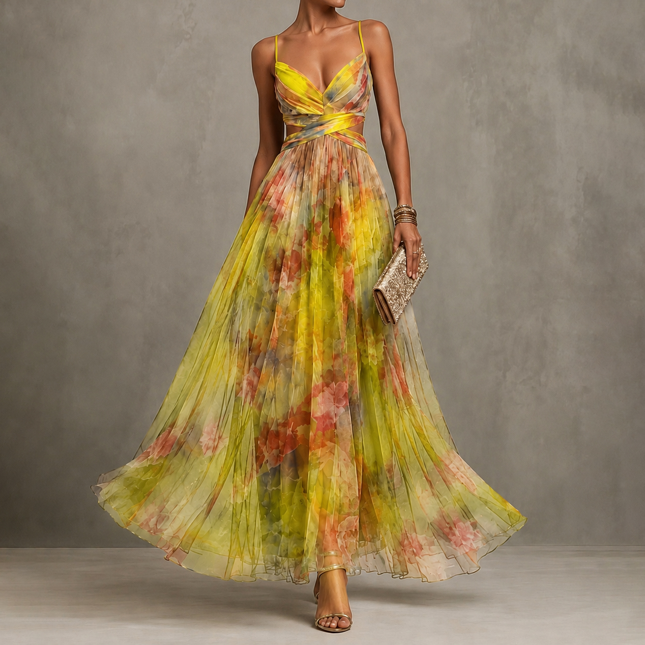 Retro Romantic Floral Wrap Mesh Maxi Dress