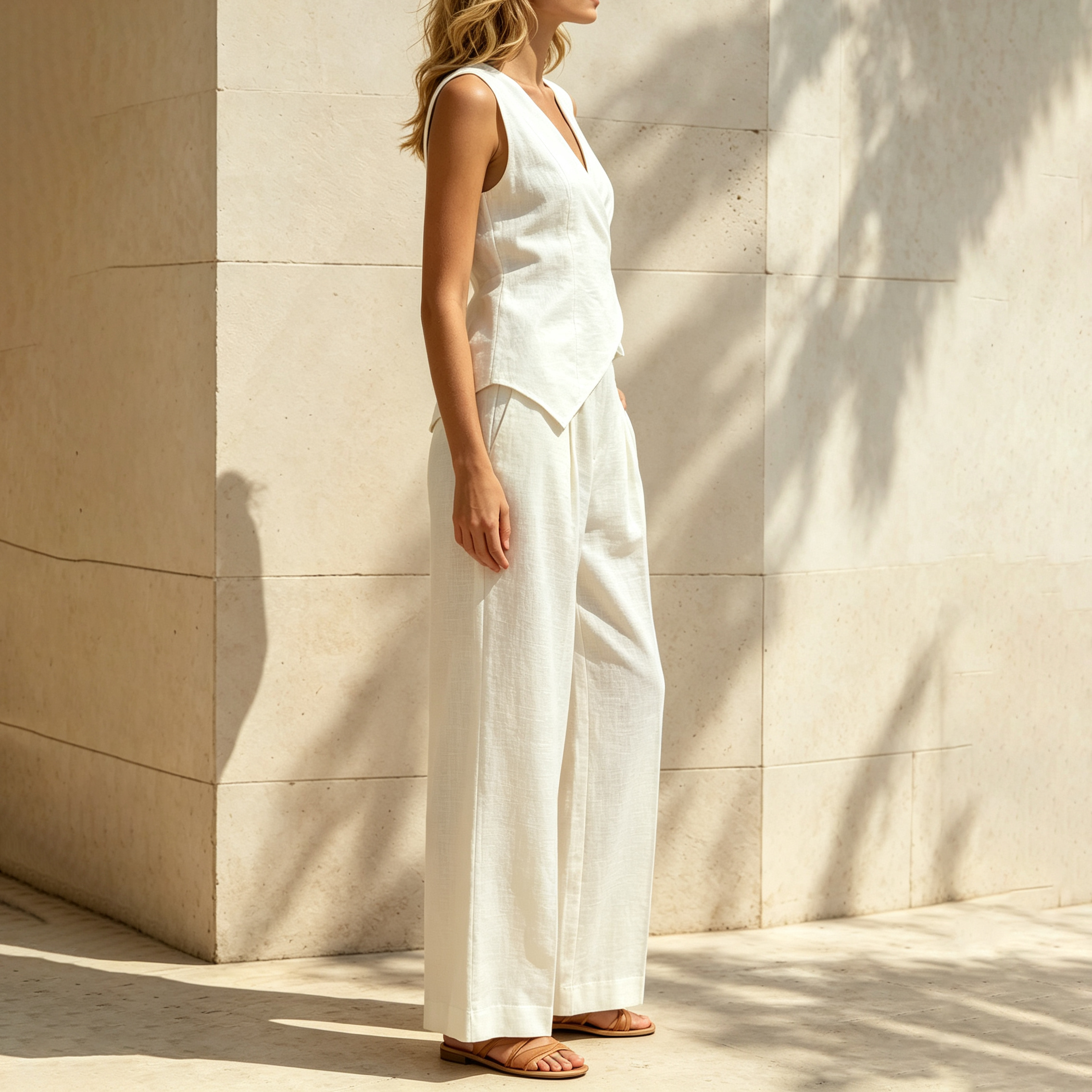 Vacation Old Money Sleeveless Top  And Wide-leg Trousers White Cotton Set