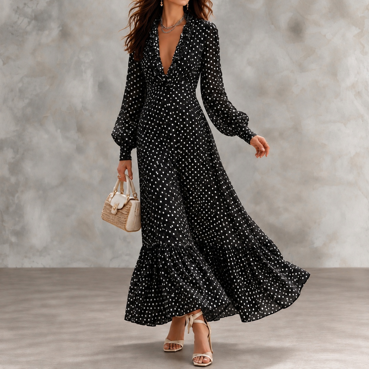 Polka-dot Deep-V Maxi Dress