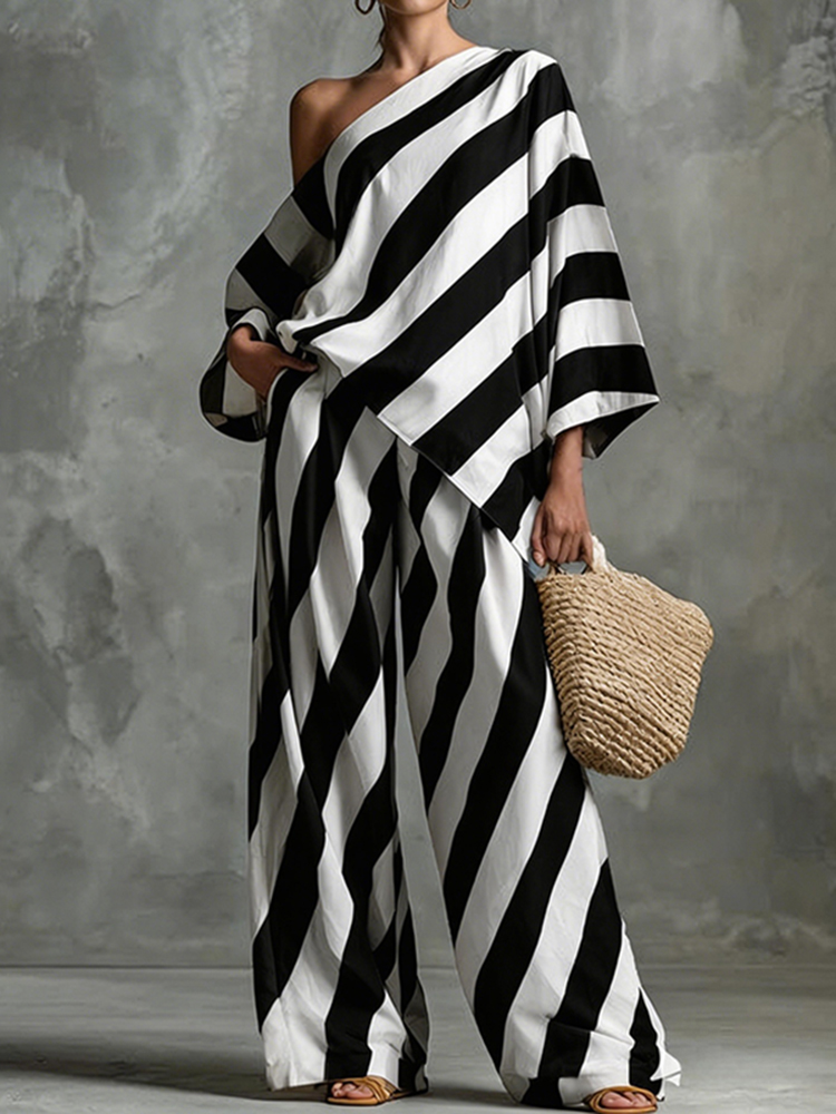 Stylish Retro Striped Printed Top And Wide-leg Pants Set