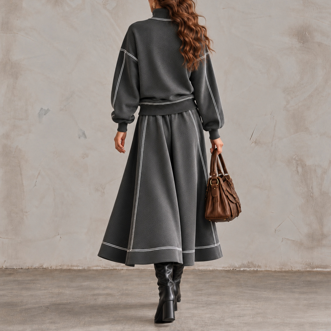 High-neck Color-block Top And Loose Wide-hem Skirt Two-piece Set