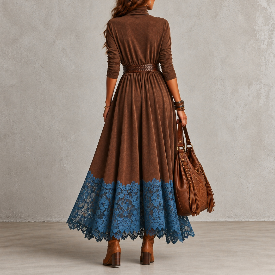 Elegant Suede And Lace Patchwork Maxi Dress