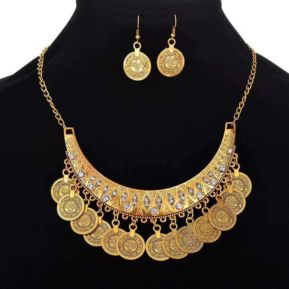 2pcs/set Vintage-style Rhinestone Coin Earrings And Coin Tassel Necklace Jewelry Set