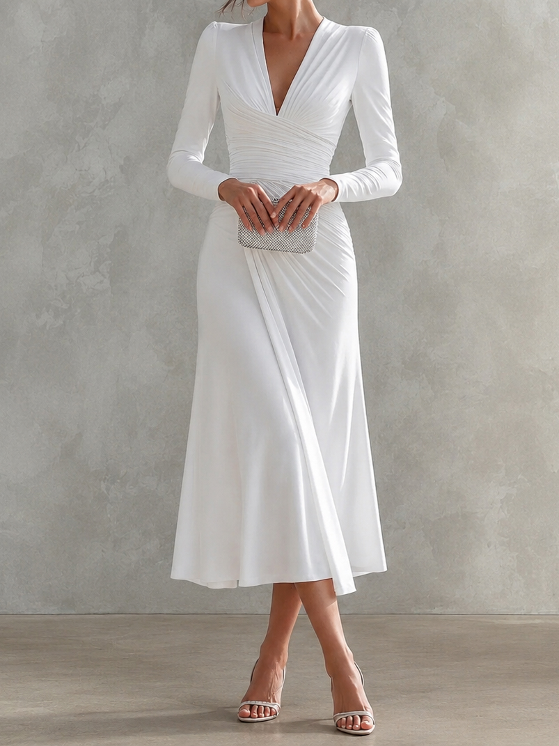 Elegant V-neck Pleated Irregular Long-sleeved Solid Color Maxi Dress