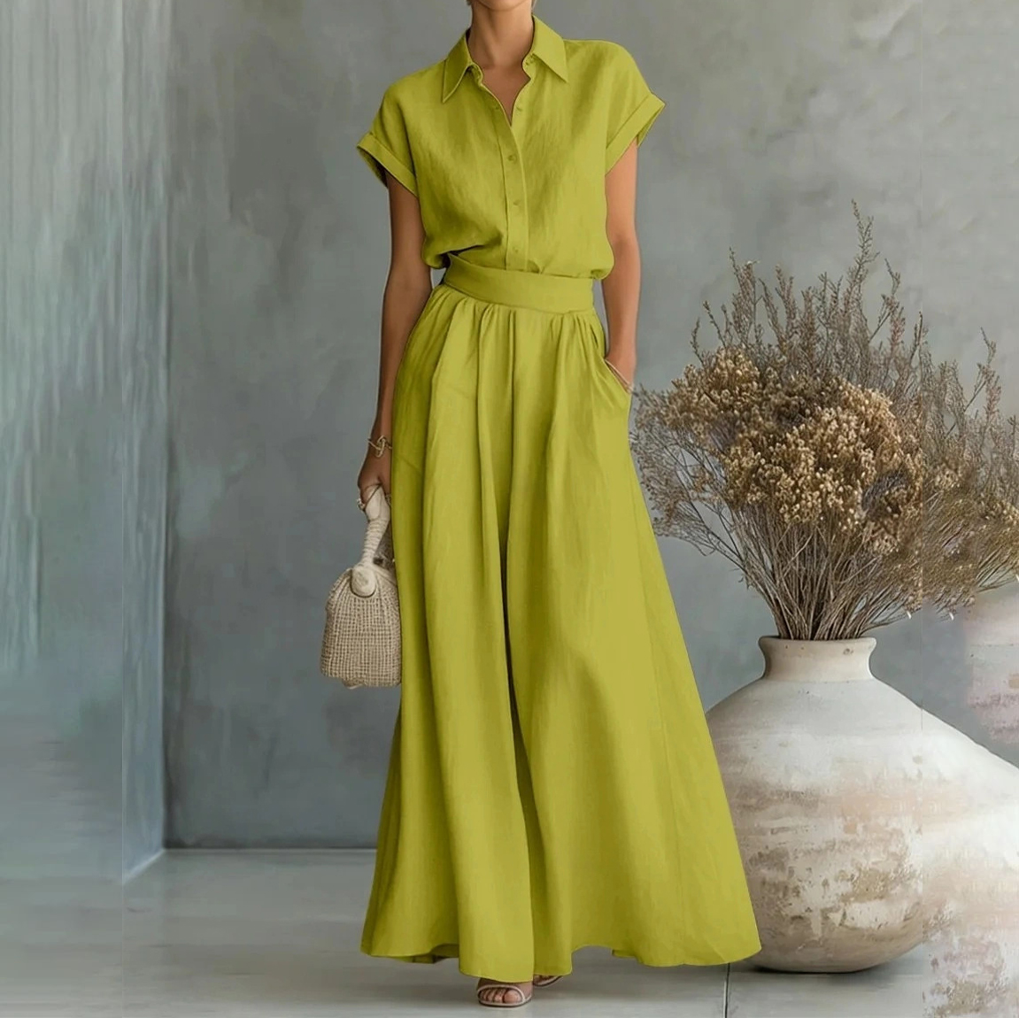 Fashion Casual Solid Color Shirt Wide-leg Pants Two-piece Set