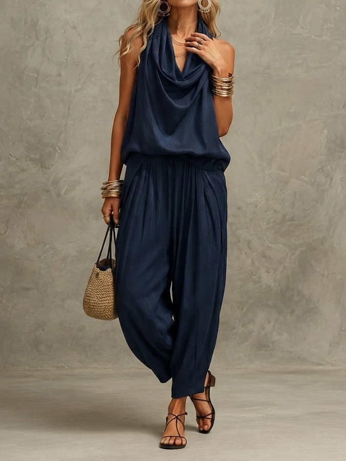 Retro Halter Neck Wide-leg Jumpsuit