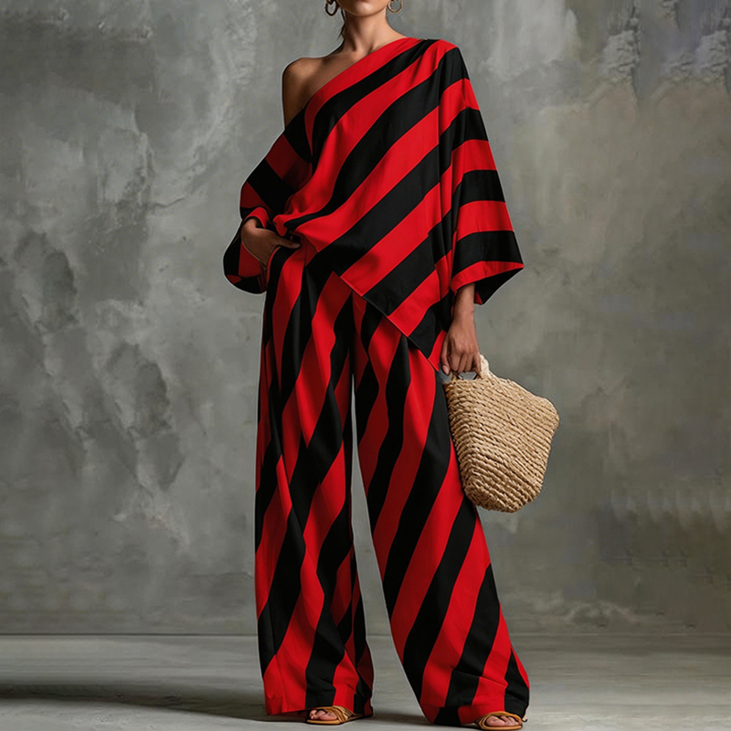Stylish Retro Striped Printed Top And Wide-leg Pants Set