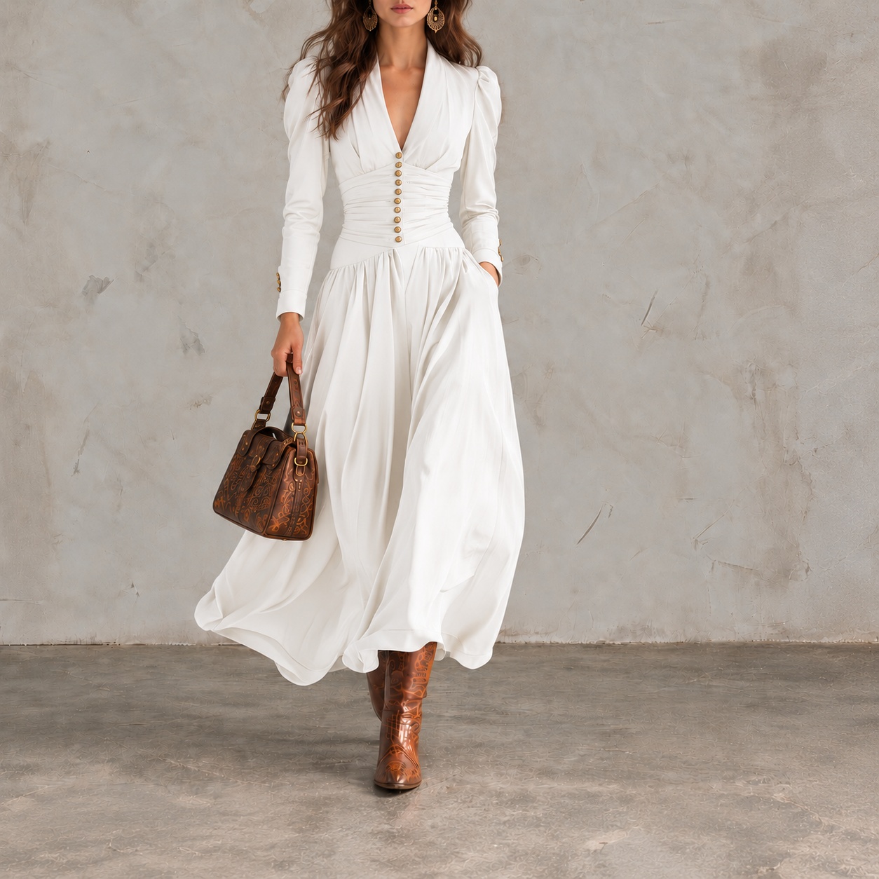 Retro Long-sleeved V-neck Top With Puff Sleeves And A Fitted Waist Maxi Dress