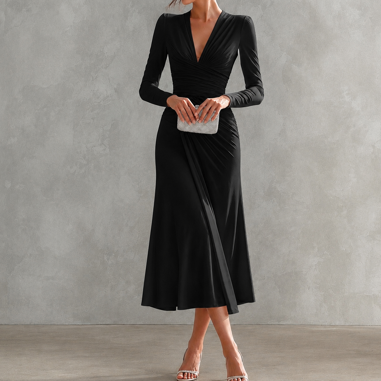 Elegant V-neck Pleated Irregular Long-sleeved Solid Color Maxi Dress