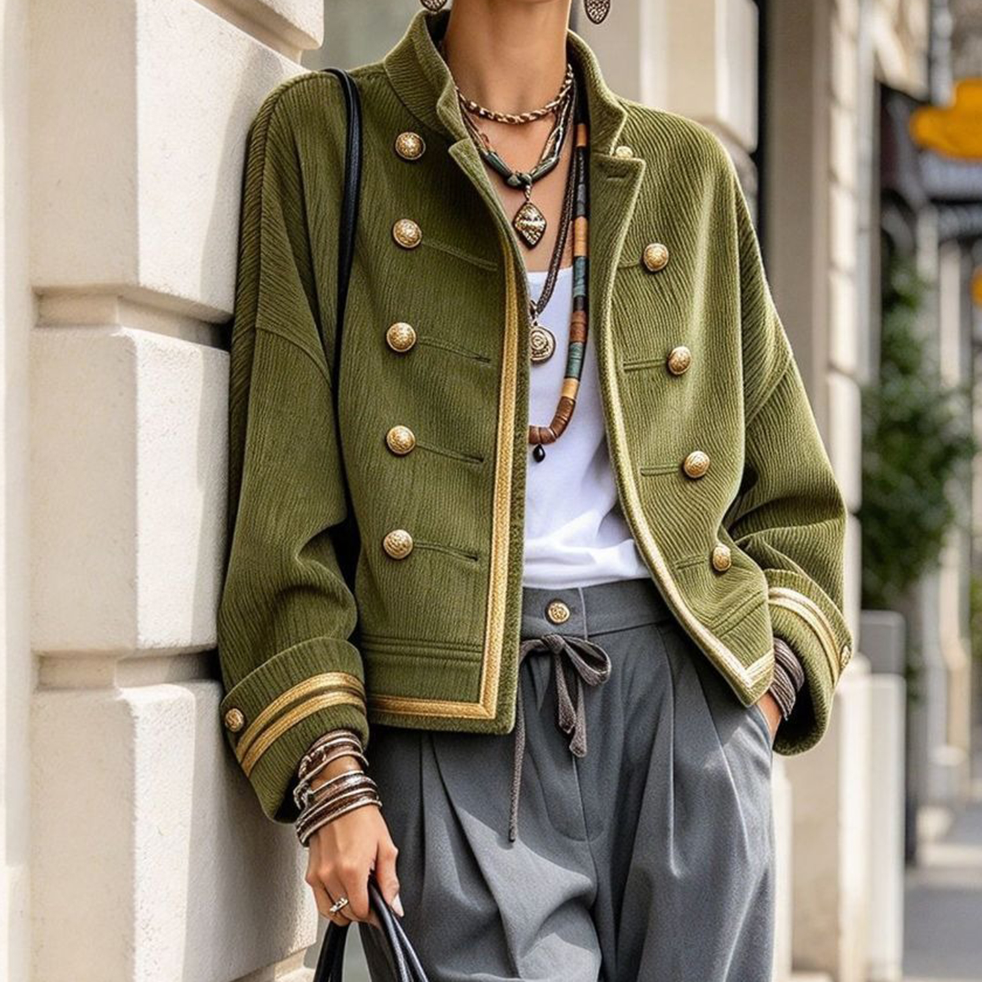 Women's Fall Winter Cozy Napoleonic Stand-up Collar Gold Trim Double-breasted Button Corduroy Jacket
