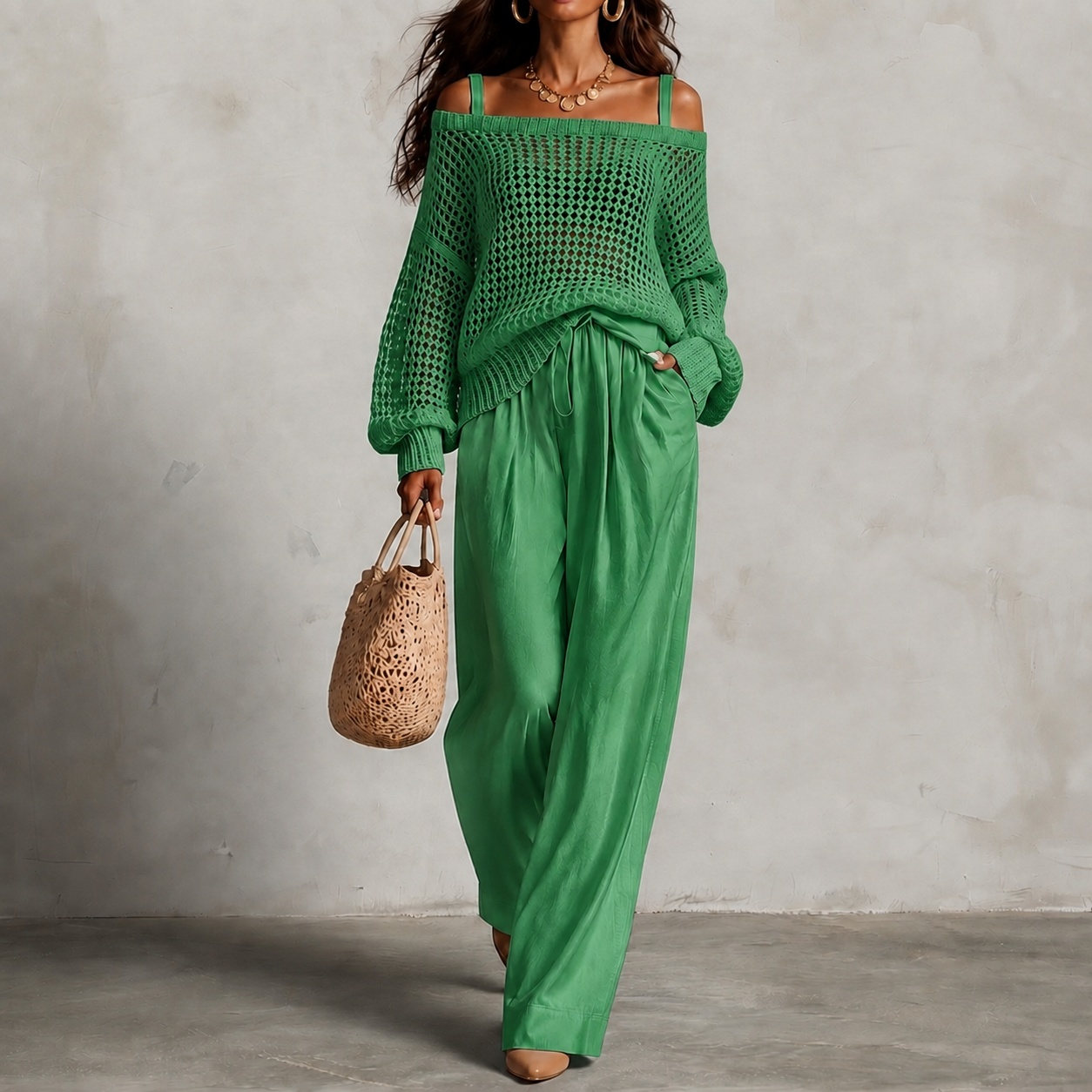 Elegance Two-piece Set: Openwork Knit Top And Wide-leg Pants
