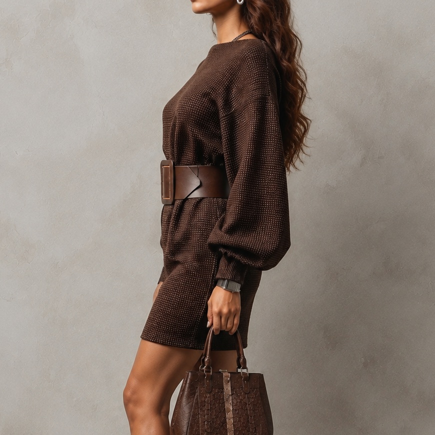 Waist-Cinched Brown Textured Mini Dress