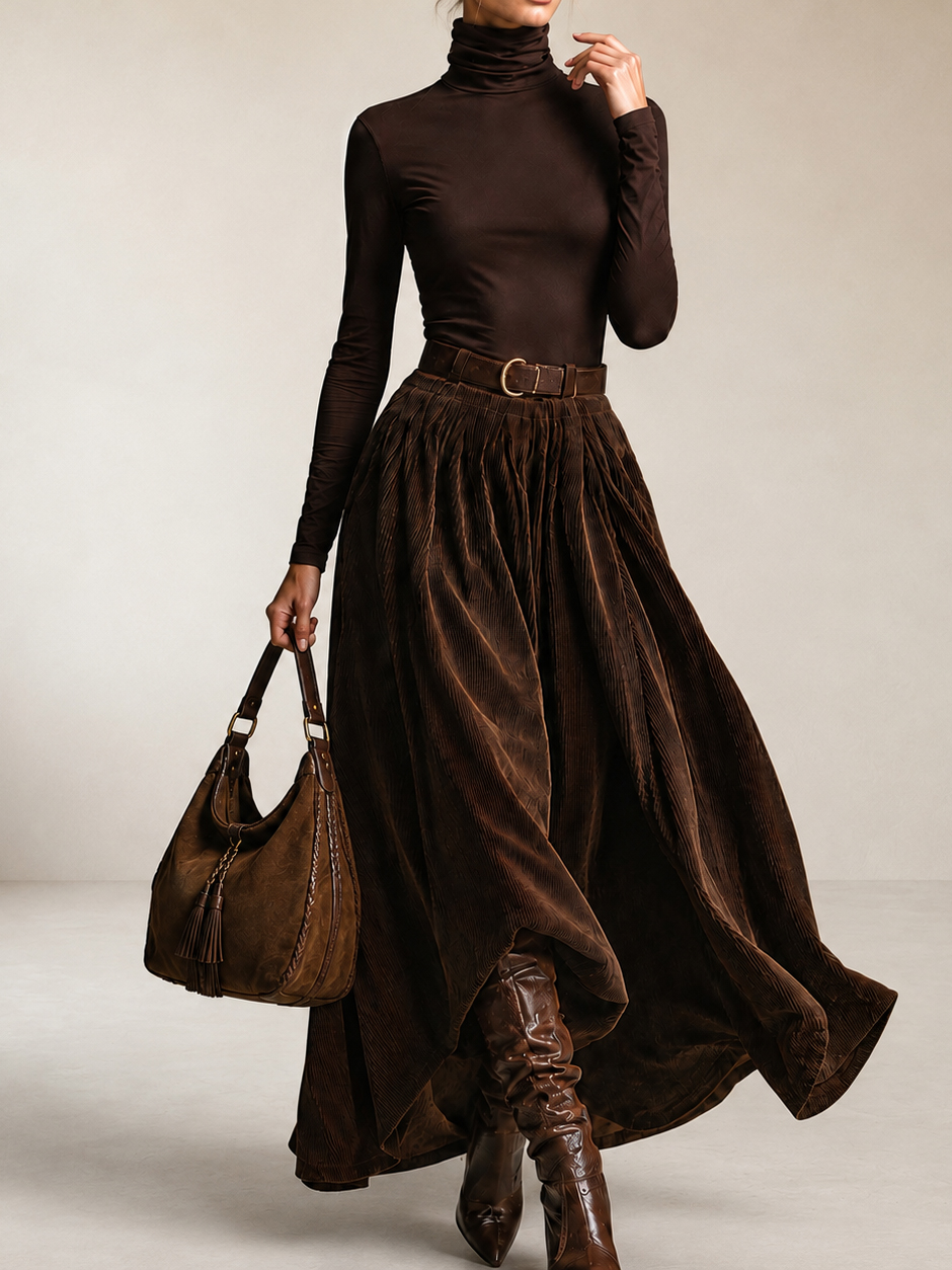 Base Layer Top And Corduroy High-waisted Midi Skirt Two-piece Set