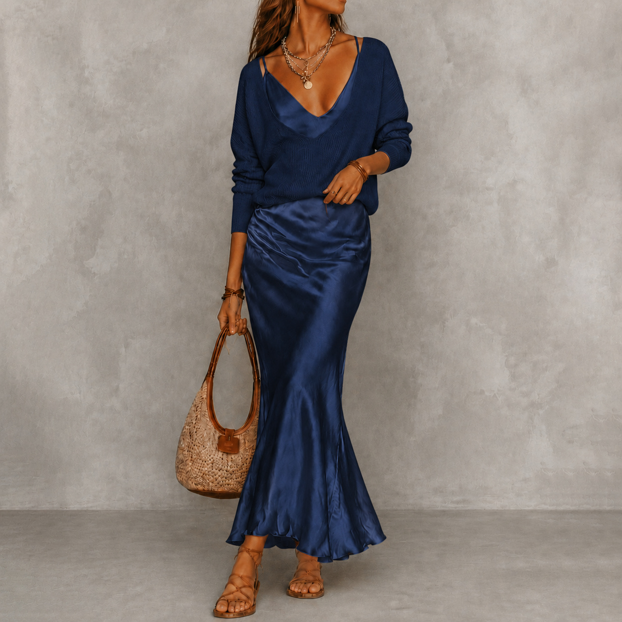 V-Neck Knit Sweater Satin Maxi Skirt Two-piece Set