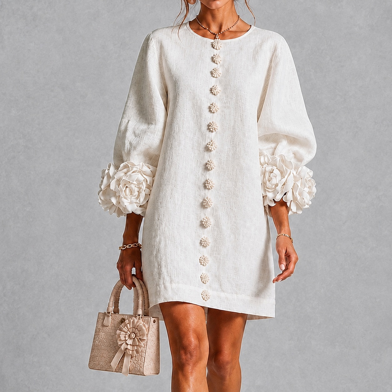 Elegant 3d Floral Lantern Sleeves Midi Dress