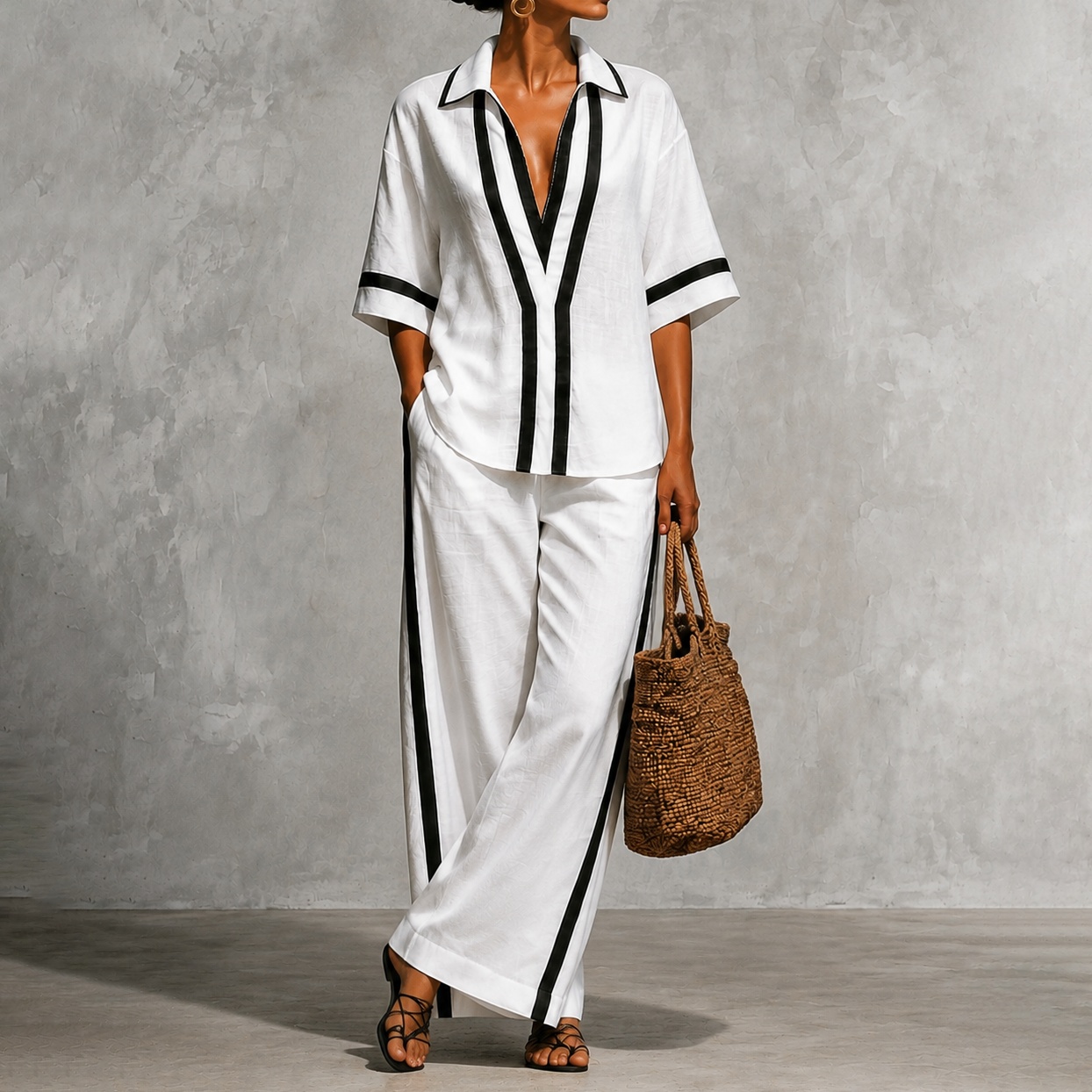 Elegance Two-piece Set Of Color-blocked Short-sleeved Shirt And Wide-leg Pants