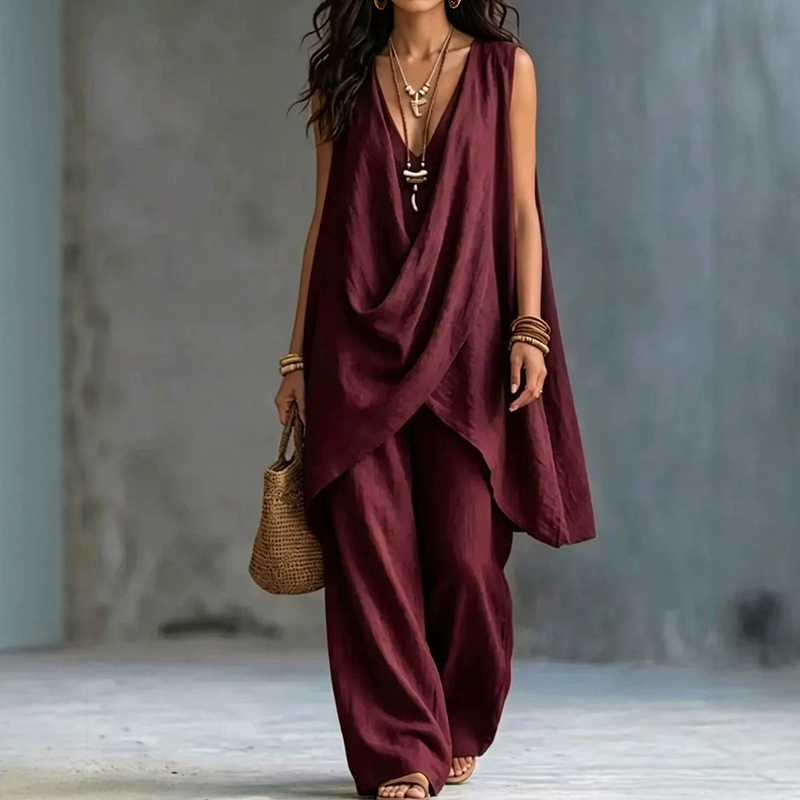 Solid Color Elegant V-neck Sleeveless Tank Top Two Piece Set