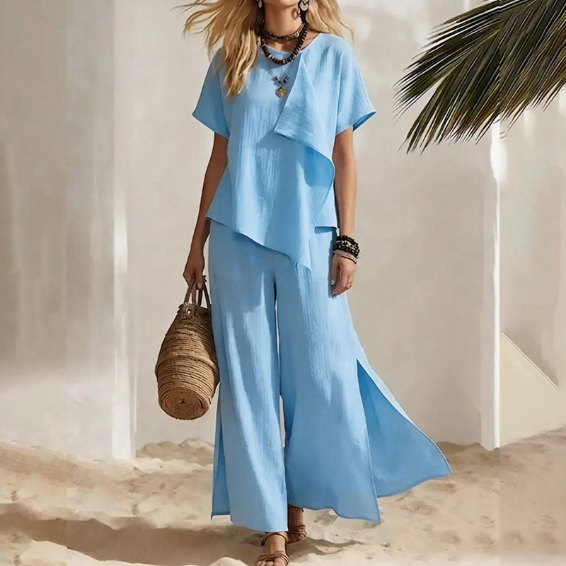 Casual Irregular Tops With Slits And Wide-leg Pantstwo-piece Set