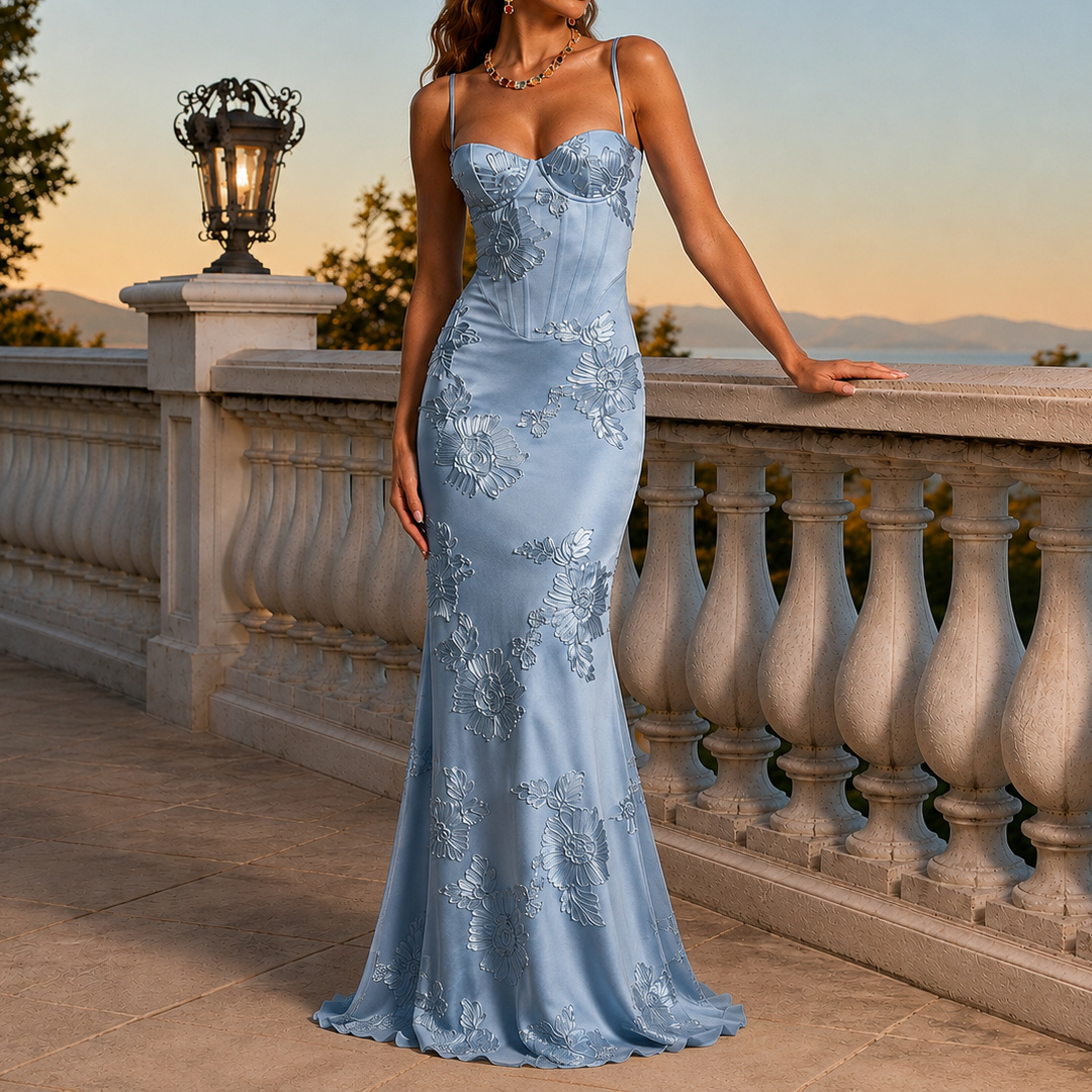 Elegant Fitted French Backless Solid Color Jacquard Evening Dress