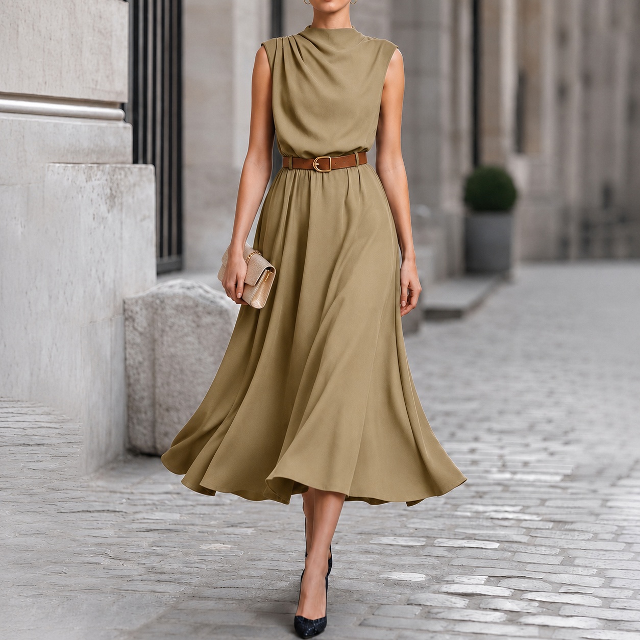 Elegant Solid Color Sleeveless With One-sided Ruching And Belt Maxi Dress