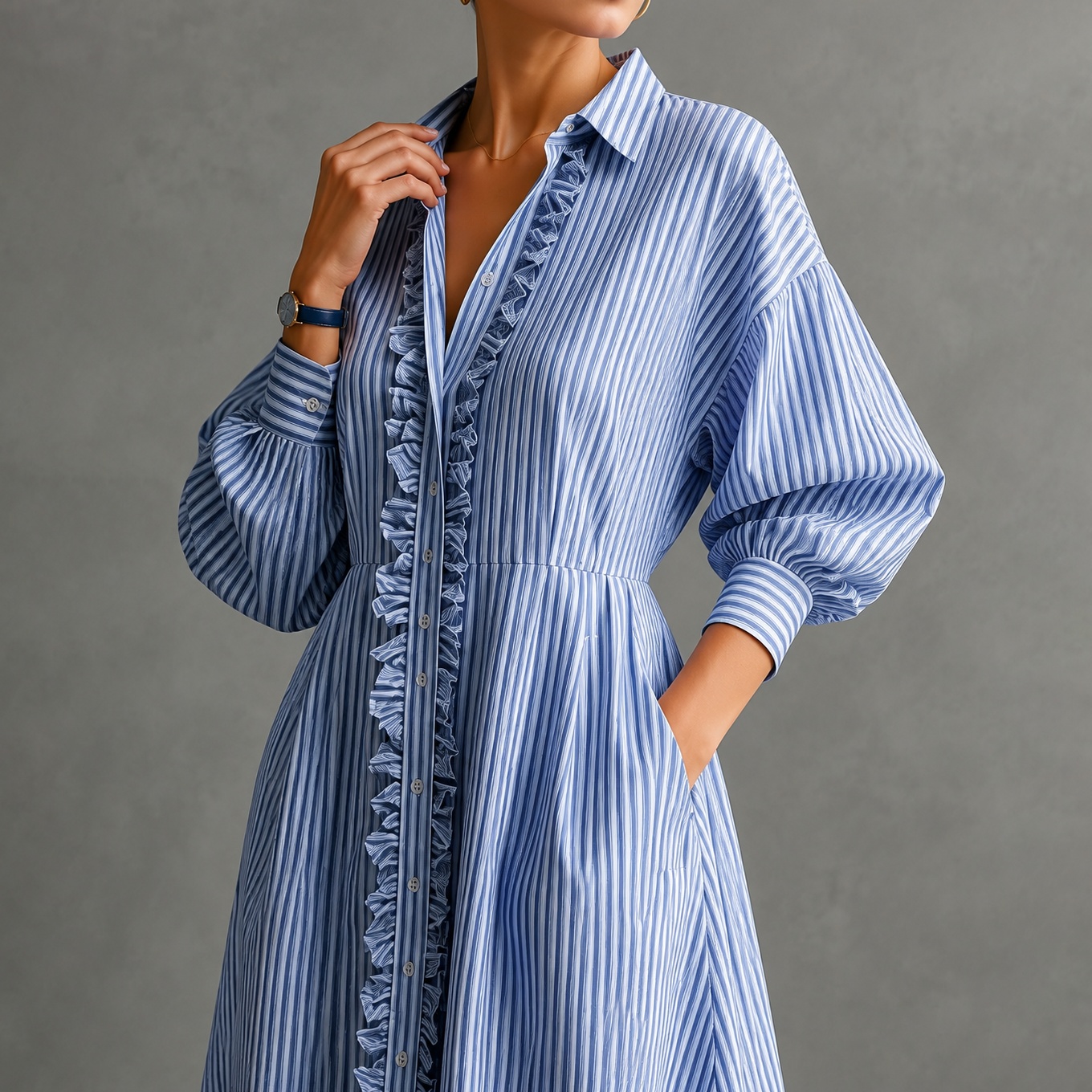 Turn-down Collar Ruffled Trim Striped Lantern Sleeves Maxi Dress