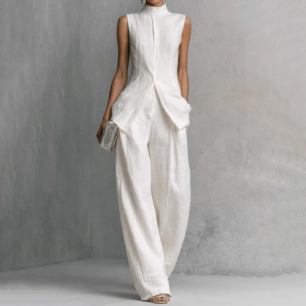 Fashion Elegant Solid Color Sleeveless Cotton Linen Shirt And Trousers Set
