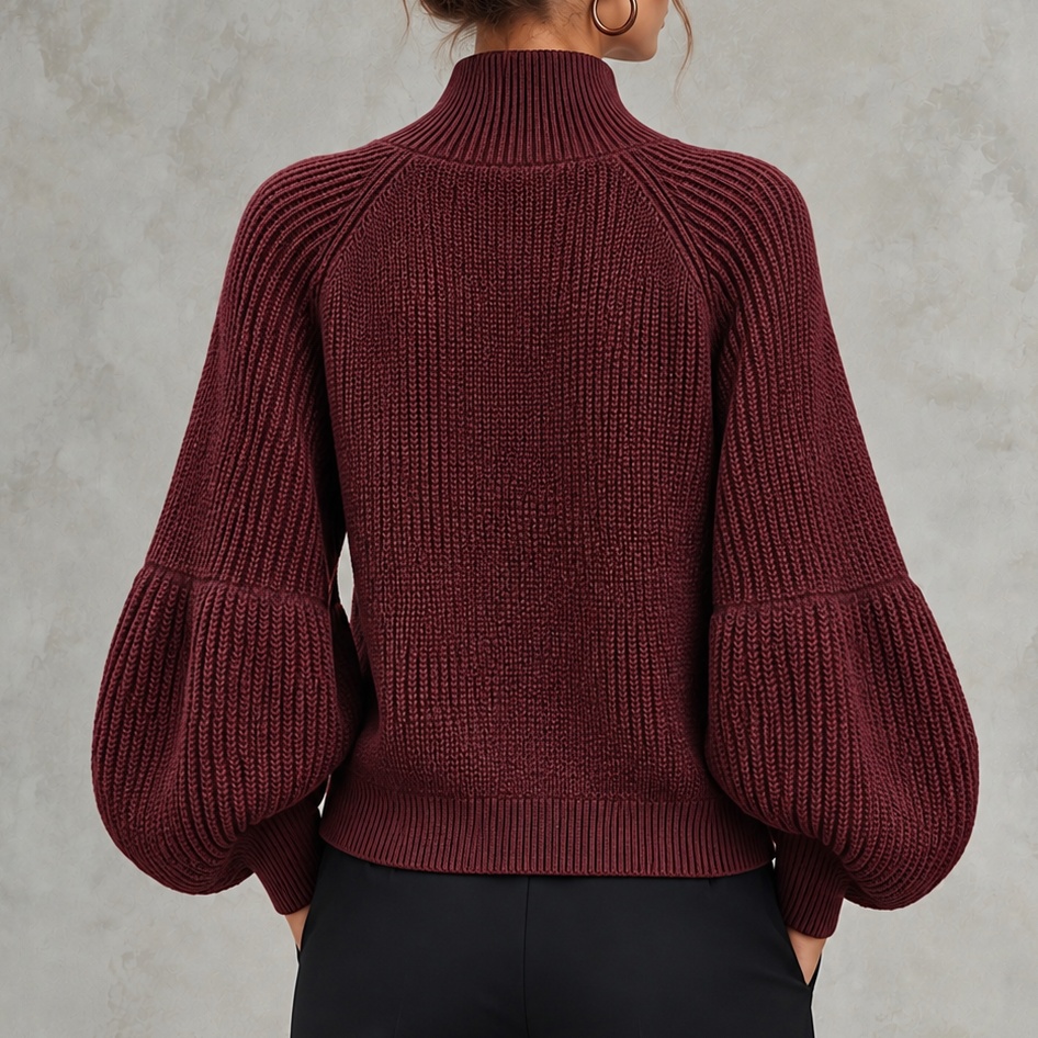 Lantern Sleeves Cropped Zip-up Knit Cardigan