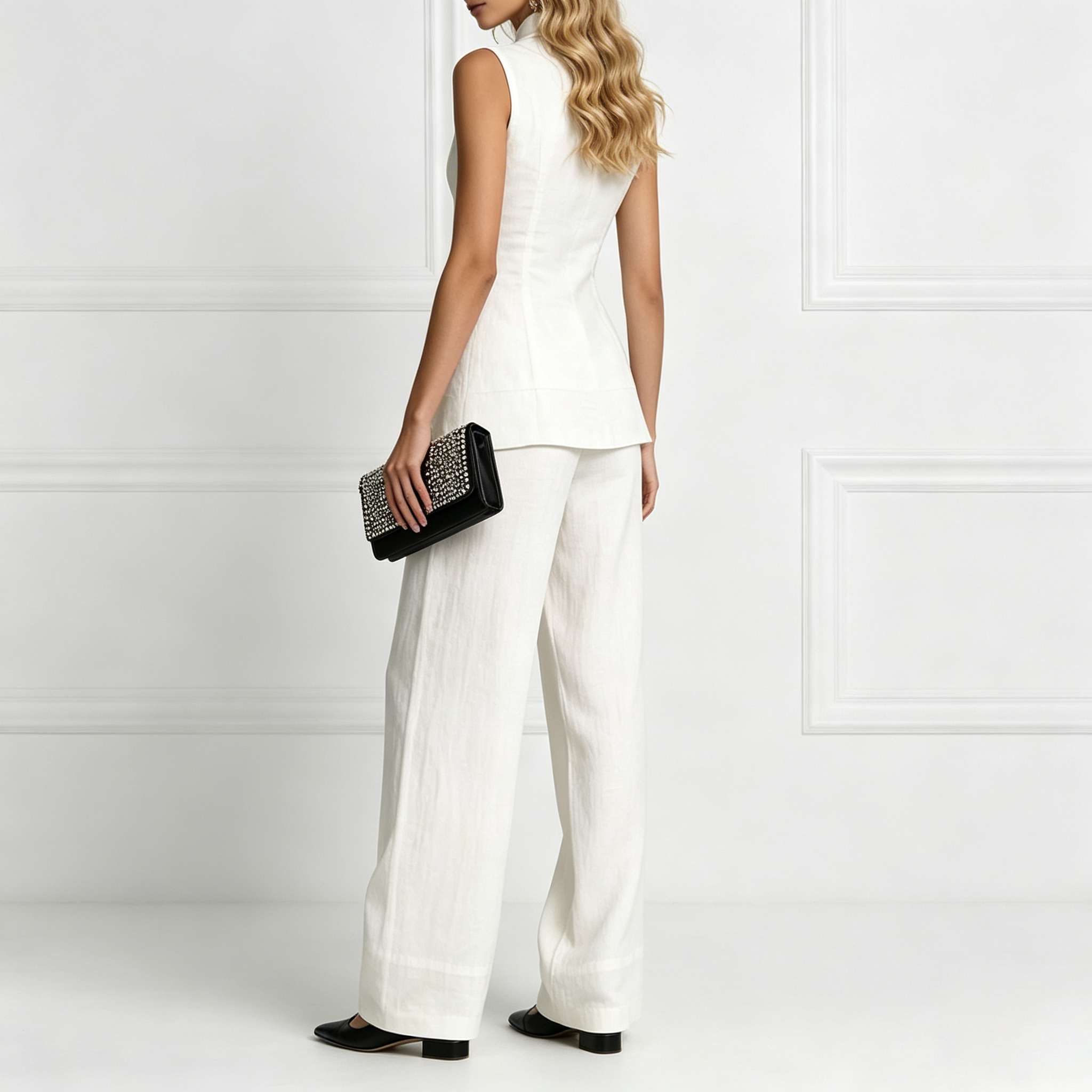 Fashion Elegant Solid Color Sleeveless Cotton Linen Shirt And Trousers Set