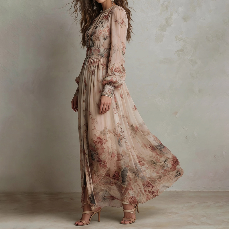 Women's Retro Chiffon Printed Pleated Waist Floral Dress