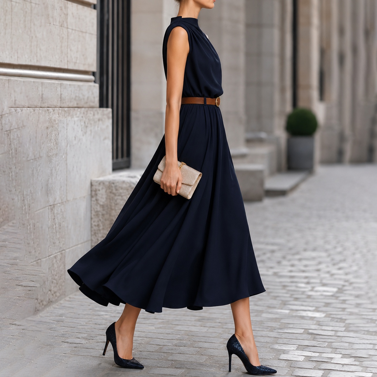 Elegant Solid Color Sleeveless With One-sided Ruching And Belt Maxi Dress
