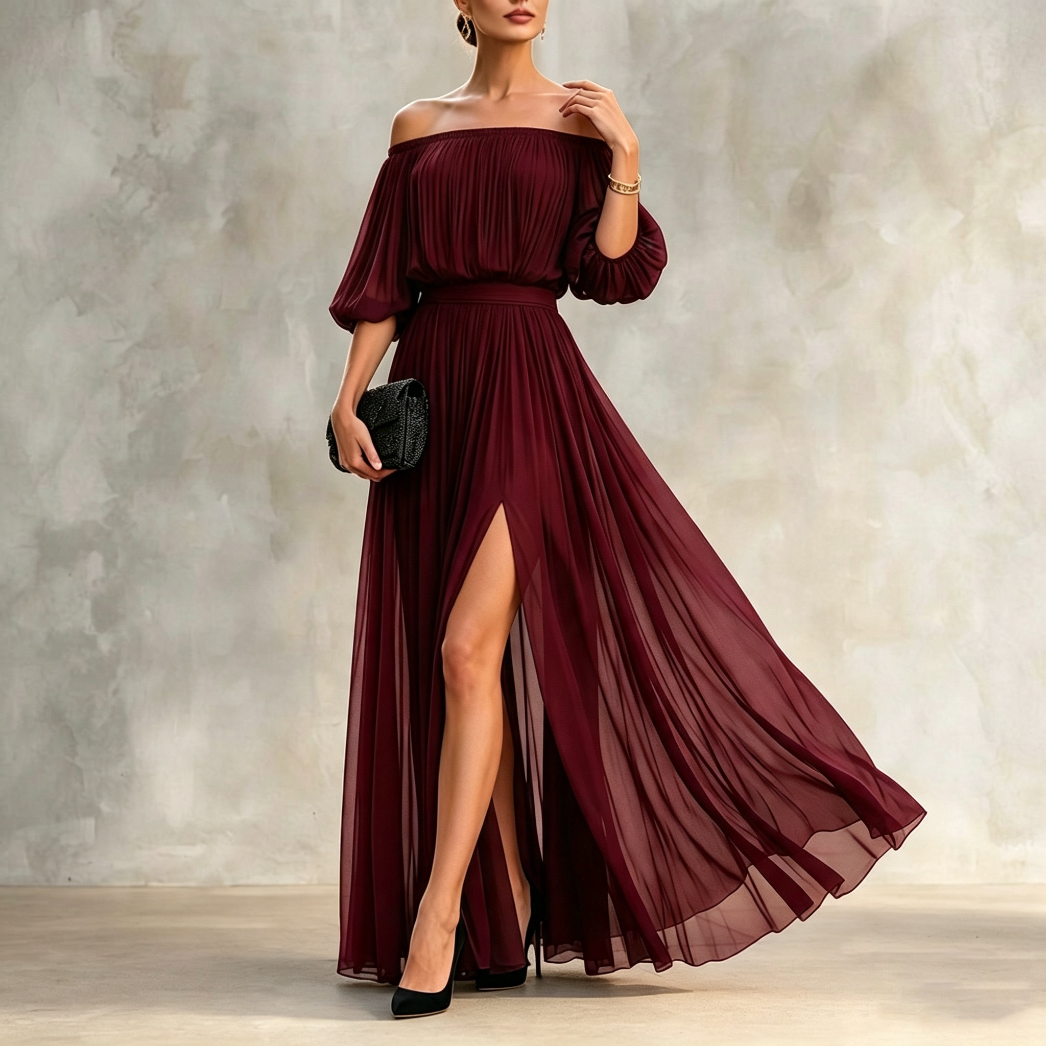 Off-shoulder Pleated Chiffon Maxi Dress