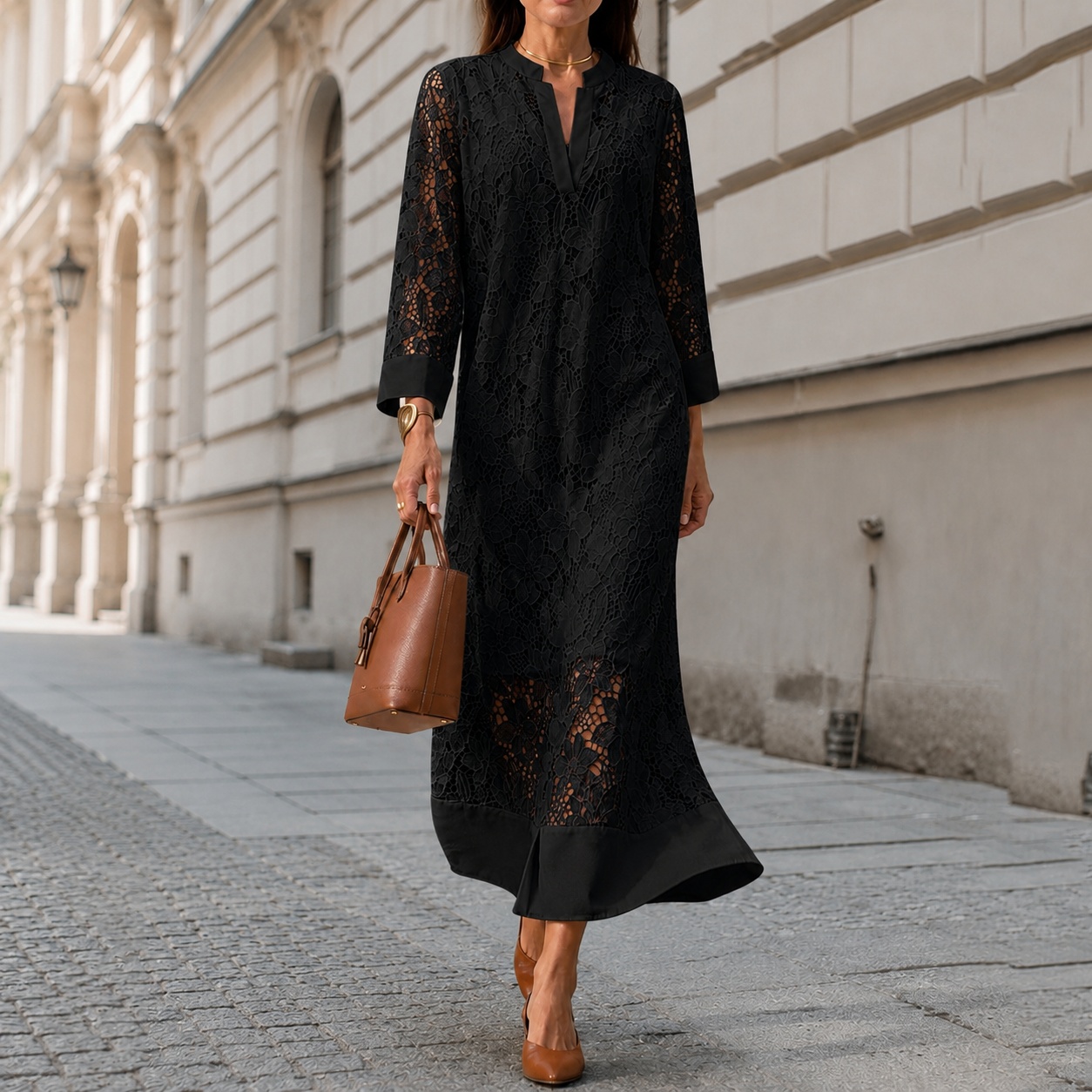 V-Neck 3/4 Sleeve Loose Lace Maxi Dress