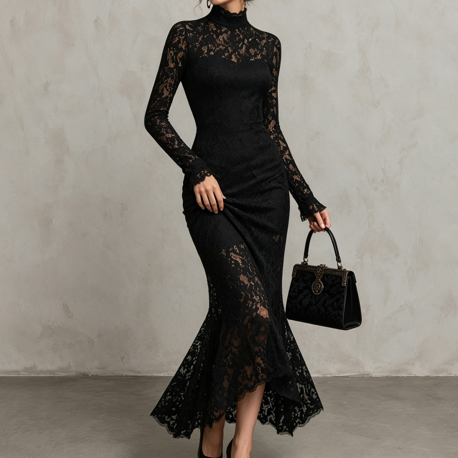 Elegant Elastic Lace Patchwork Fishtail Maxi Dress