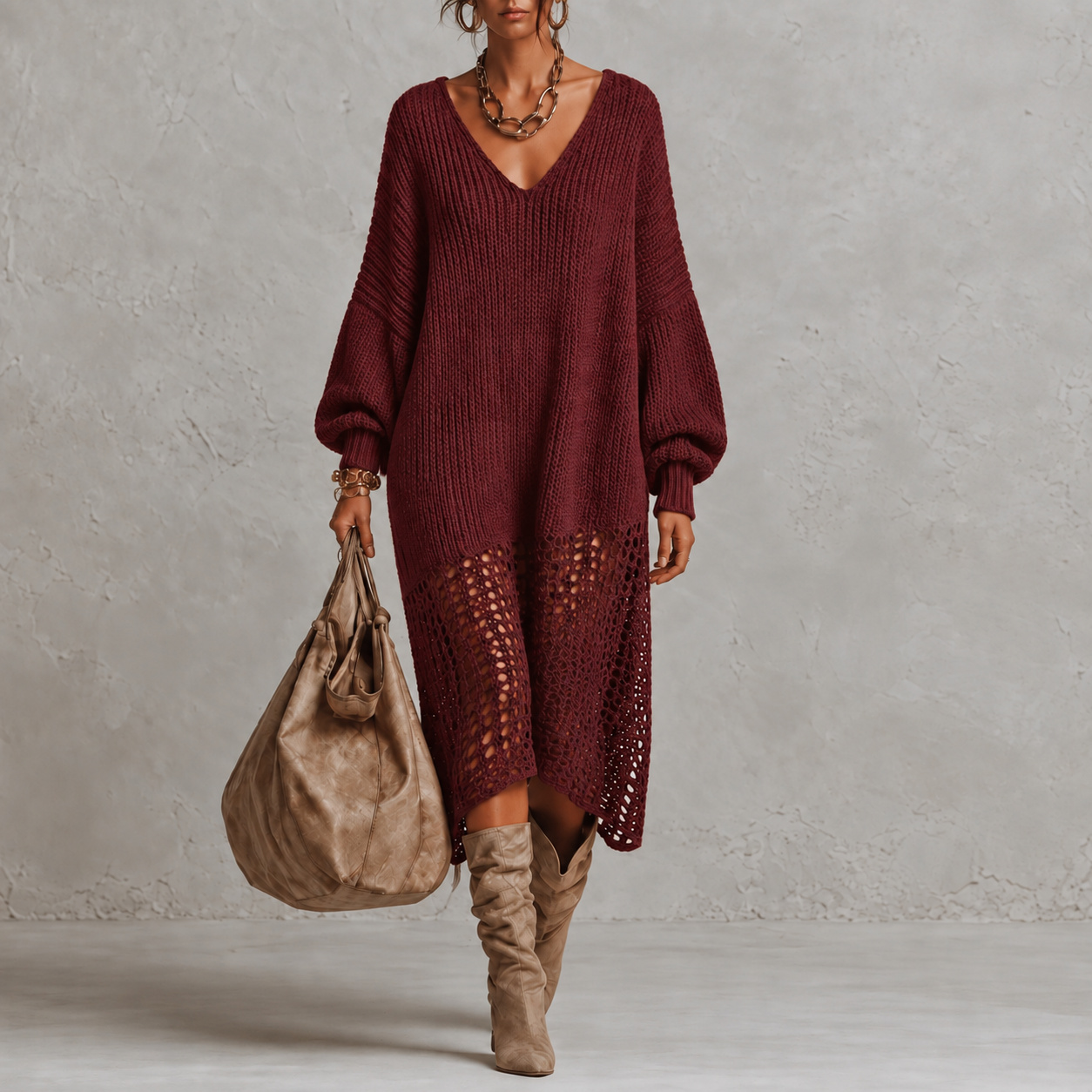 Retro Long-sleeved Knit V-neck Maxi Dress