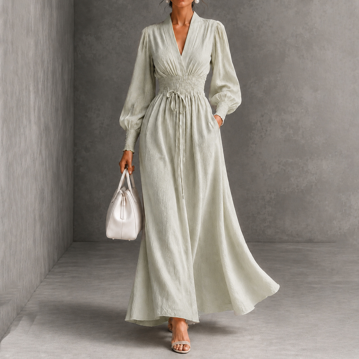 Elegance V-neck Belted Waist Long Sleevess Maxi Dress