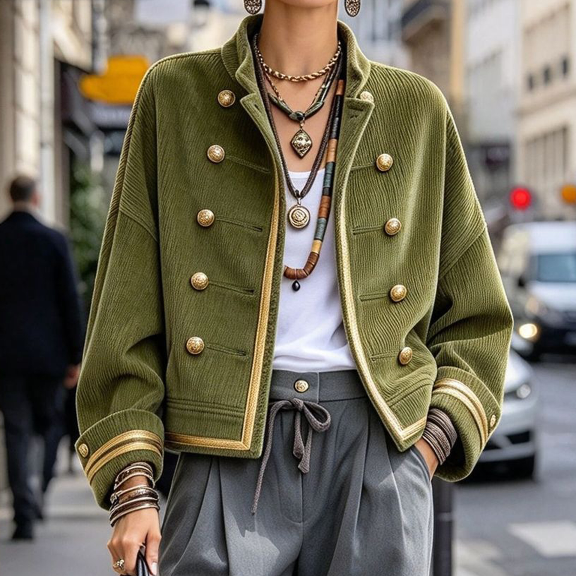 Women's Fall Winter Cozy Napoleonic Stand-up Collar Gold Trim Double-breasted Button Corduroy Jacket