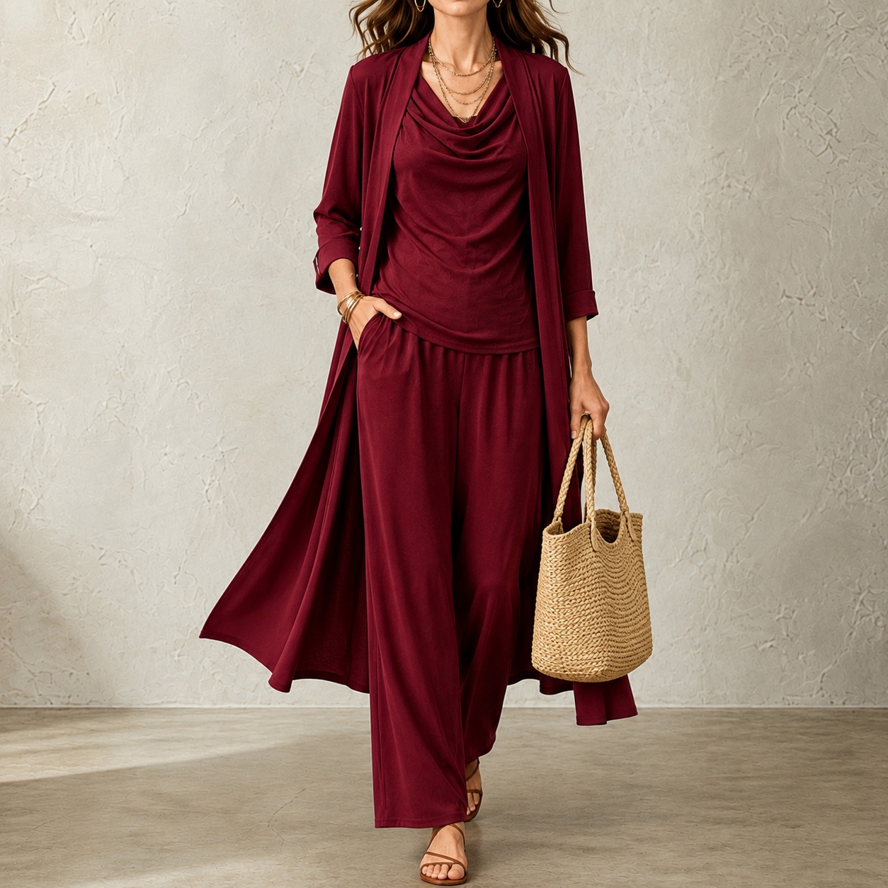 Elegant Three-piece Set: Three-quarter Sleeve Cardigan + Long-sleeved Top + Trousers
