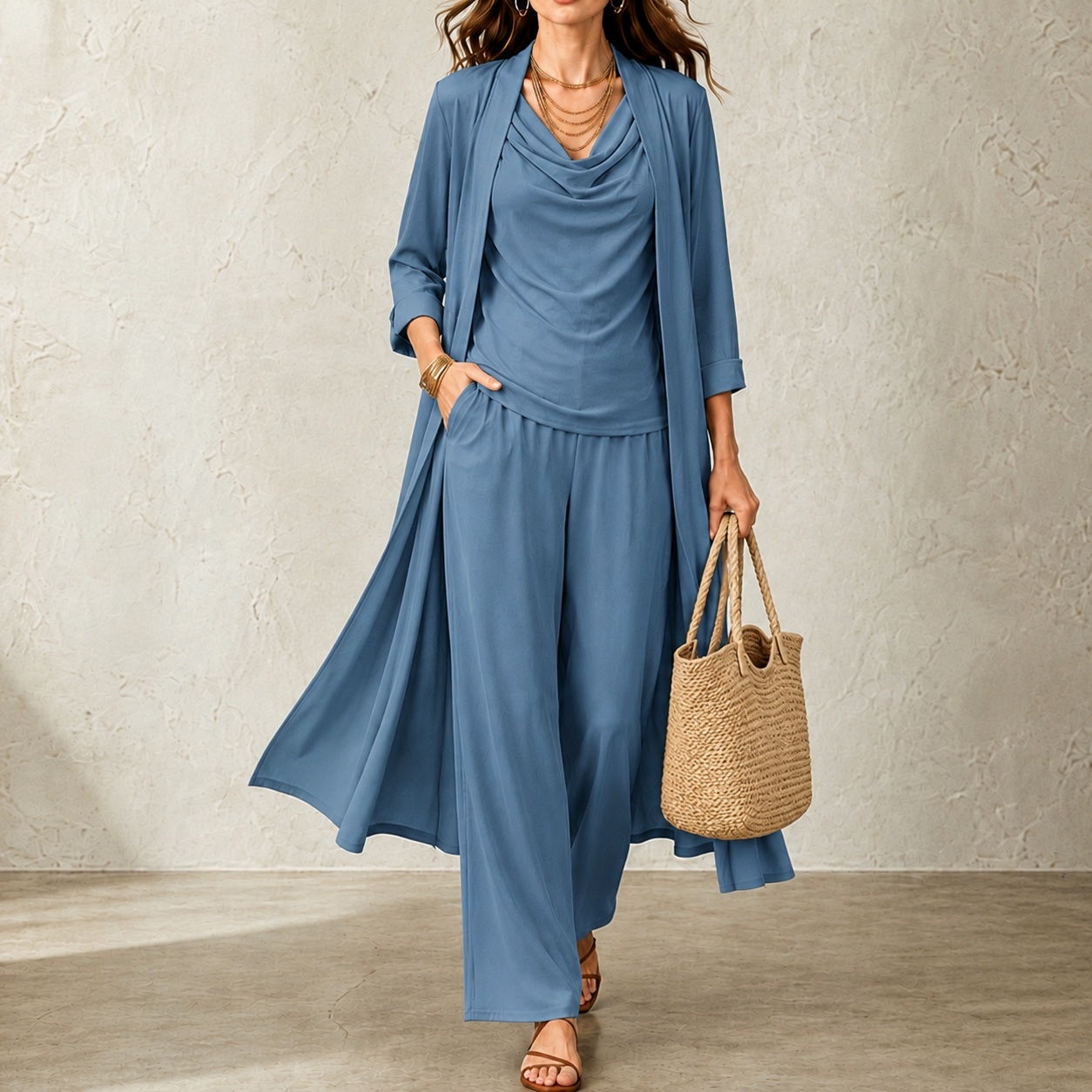 Elegant Three-piece Set: Three-quarter Sleeve Cardigan + Long-sleeved Top + Trousers
