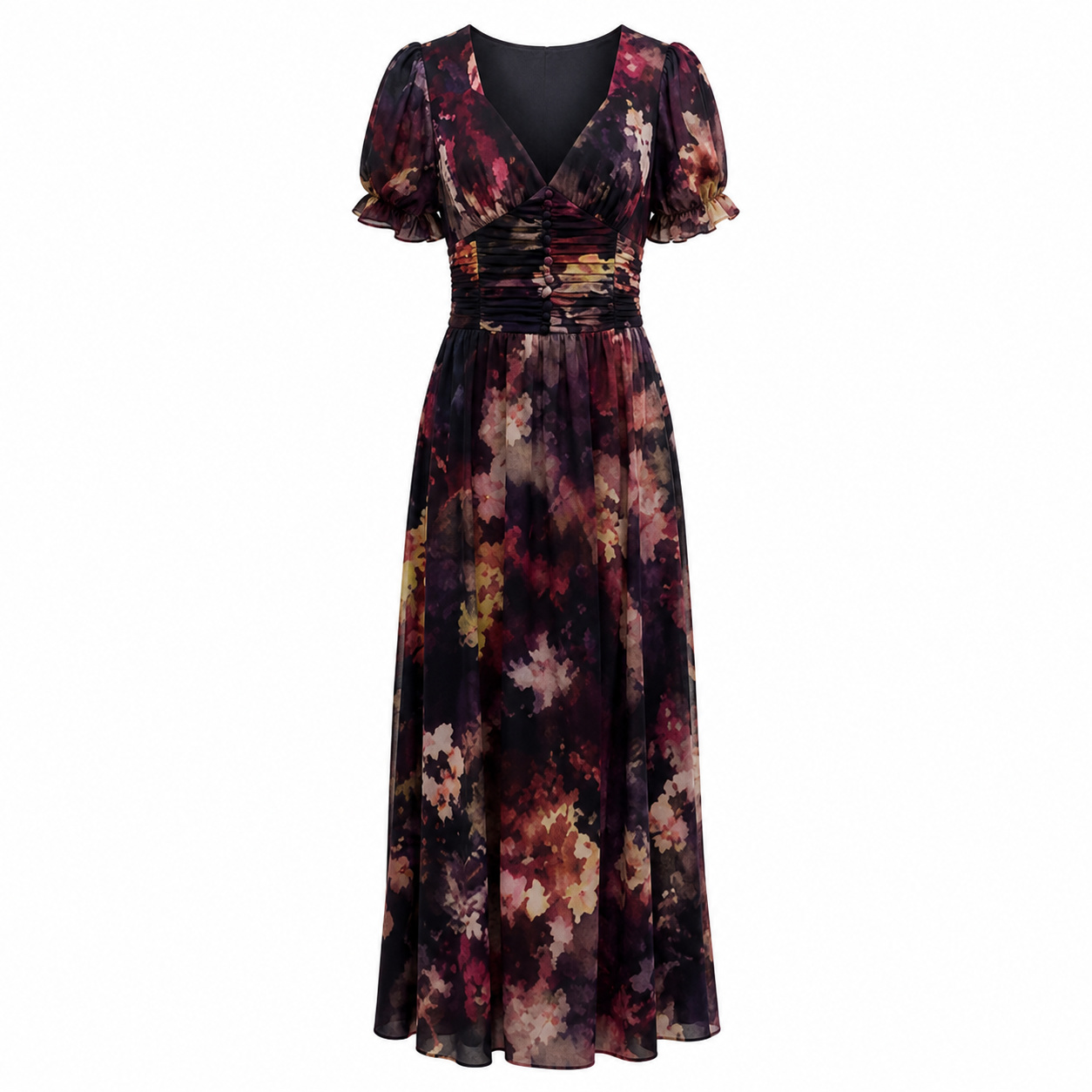 Retro Oil Painting Print V-neck Short-sleeved Chiffon Maxi Dress