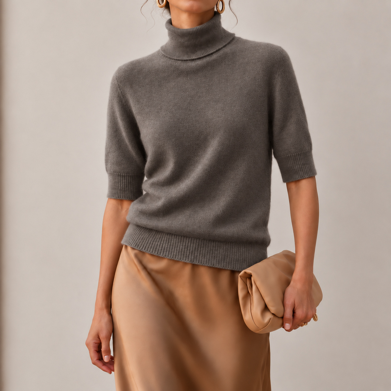 Elegance Cashmere Knit Base Layer With Lapel And Elbow-length Sleeves