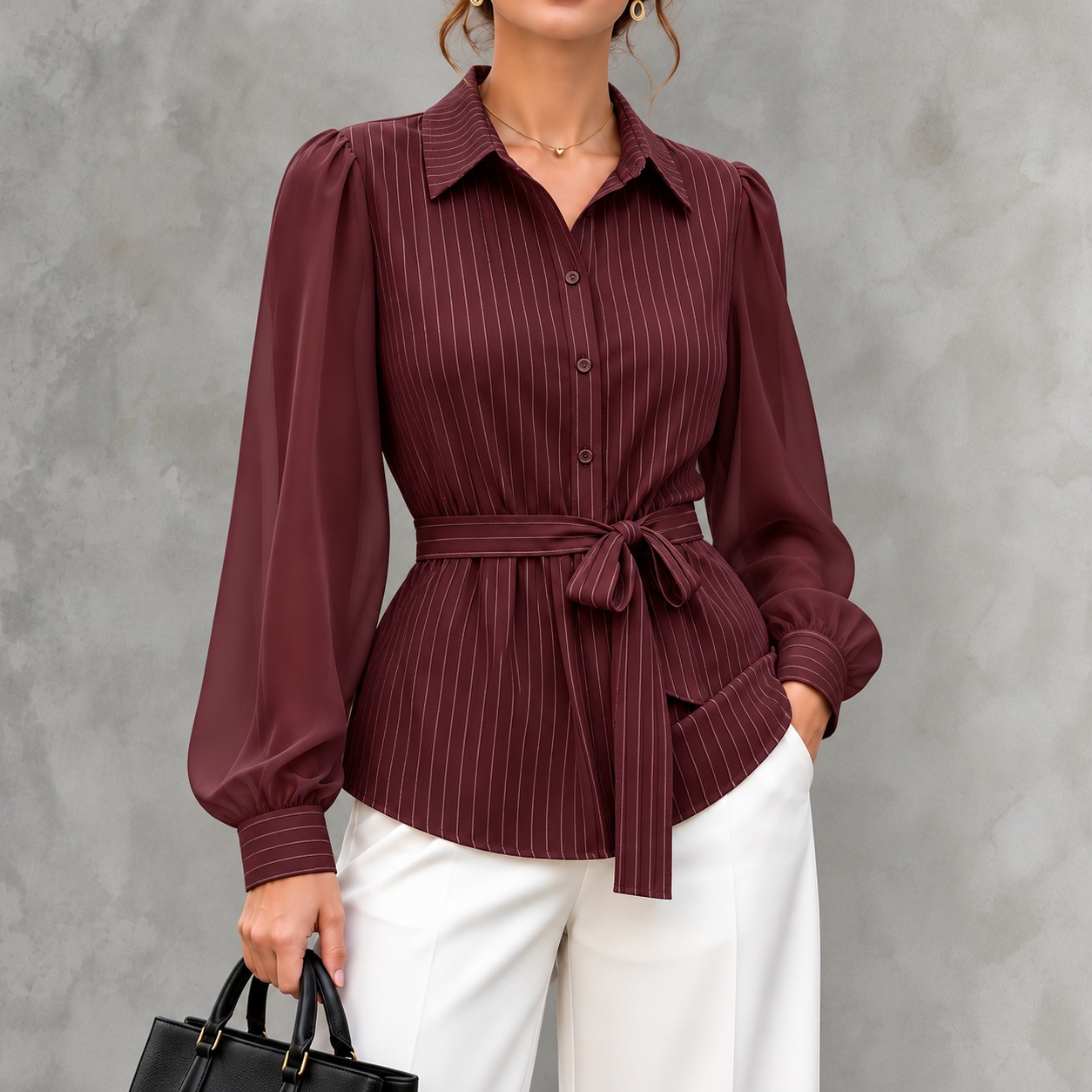 Mesh Panels And Tie-waist Long-sleeve Shirt