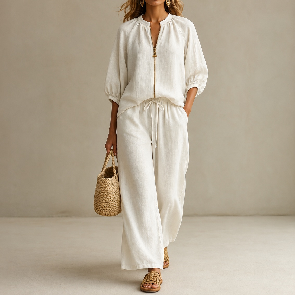 Vacation Loose-fitting Solid Color Zippered Round Neck Wide-leg Pants Suit