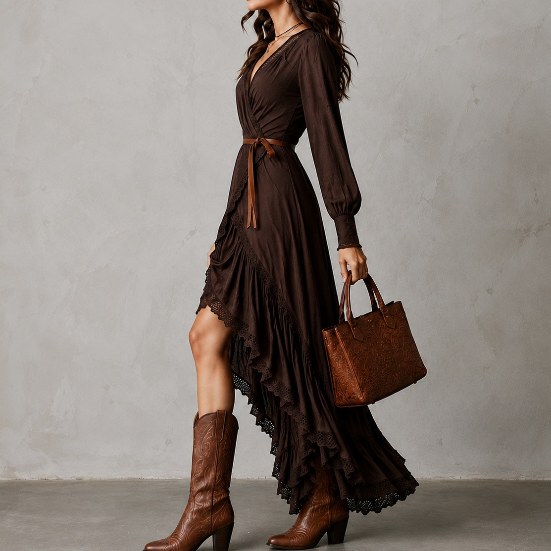 Retro V-neck Lace Trim Multi-layered Asymmetrical Hem Maxi Dress