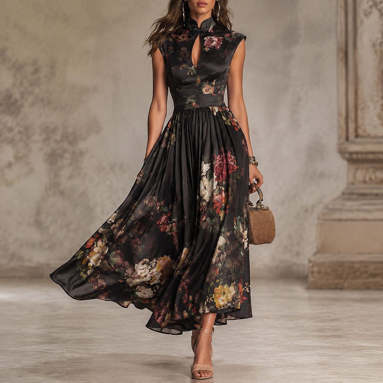 Elegant Floral Pattern Fitted Sleeveless Midi Dress