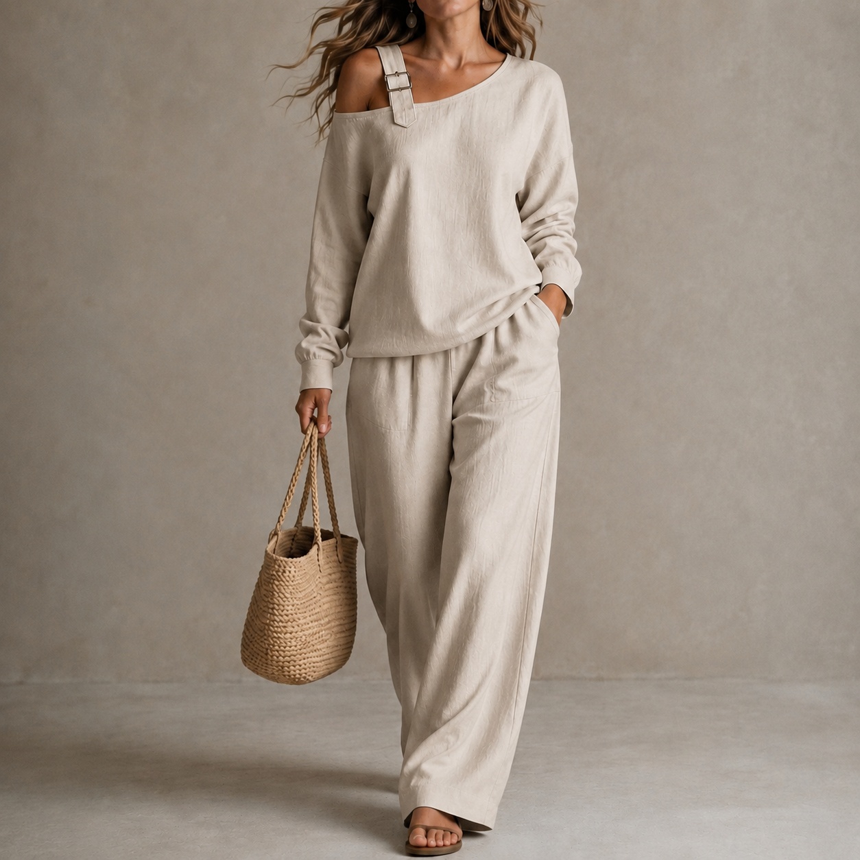 One-shoulder Long-sleeved Top And Loose Wide-leg Pants Two-piece Set