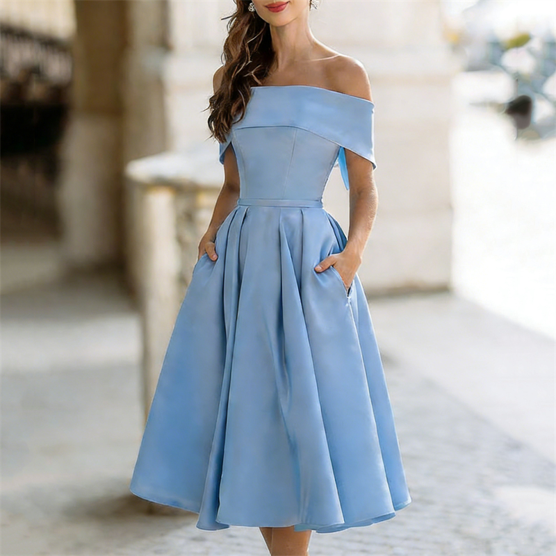 Classy Off Shoulderwide Skirted Satin Maxi Dress