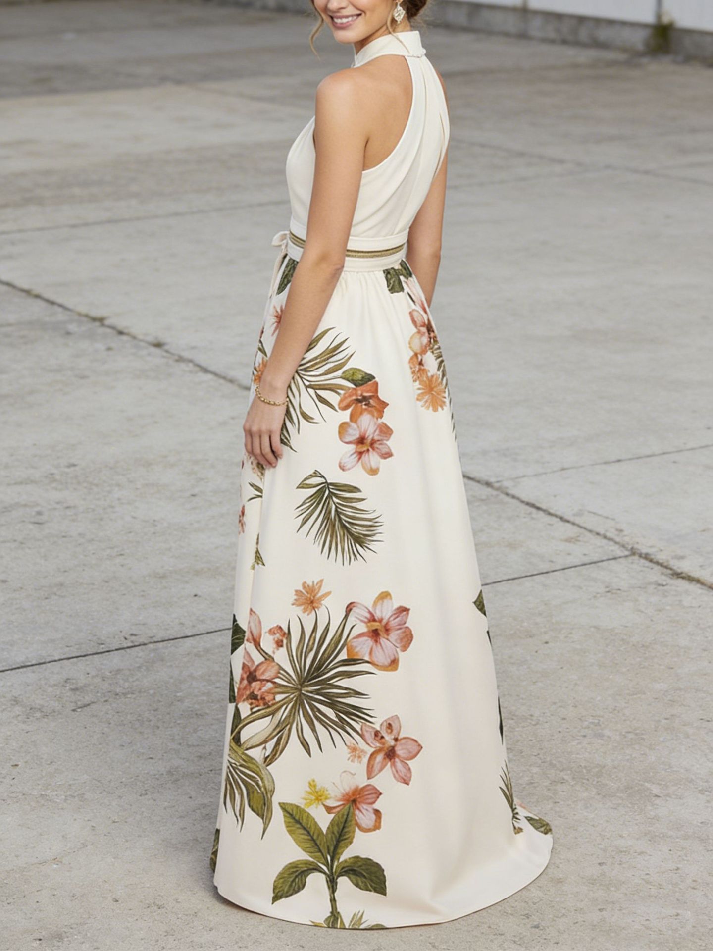 Sleeveless A-line Floral Halterneck Maxi Dress